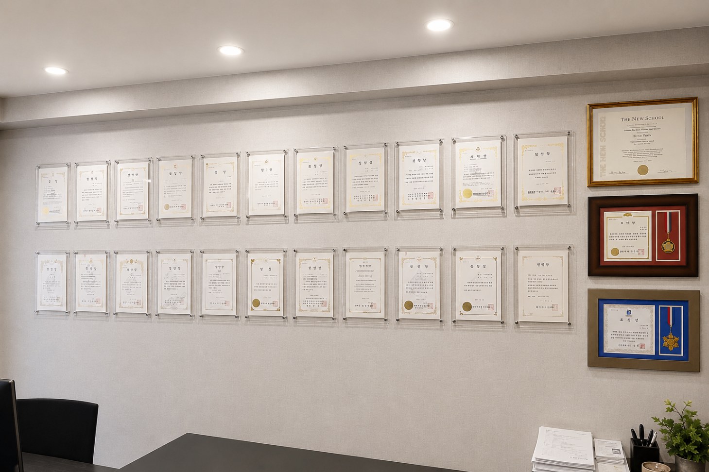 에스더의 실제 사무실 — 20개가 넘는 자격증과 수료증